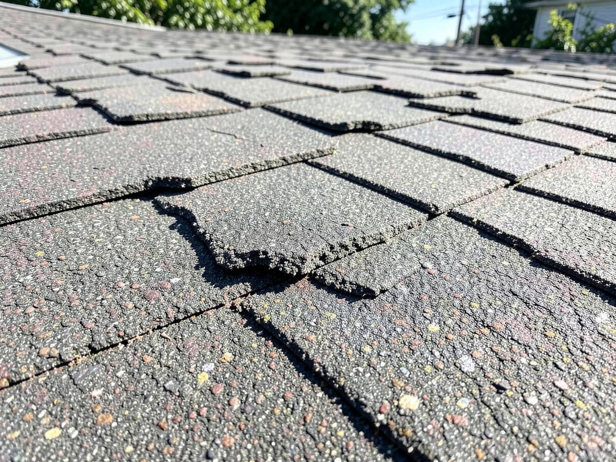 Lifted curling shingles indicating roof damage repair